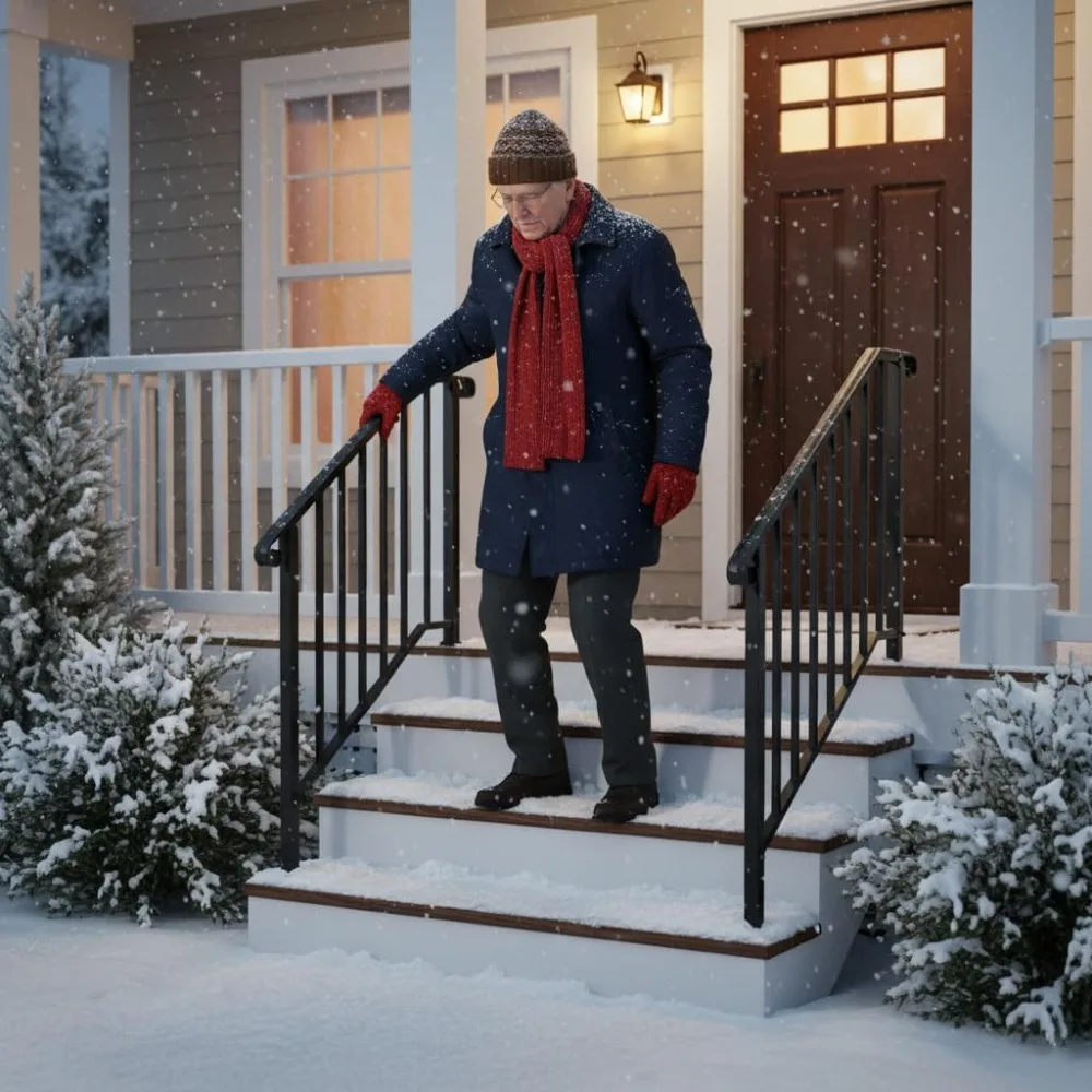 Outdoor Wrought Iron Stair Railing for 3-4 Steps, Metal Handrail with Installation Kit