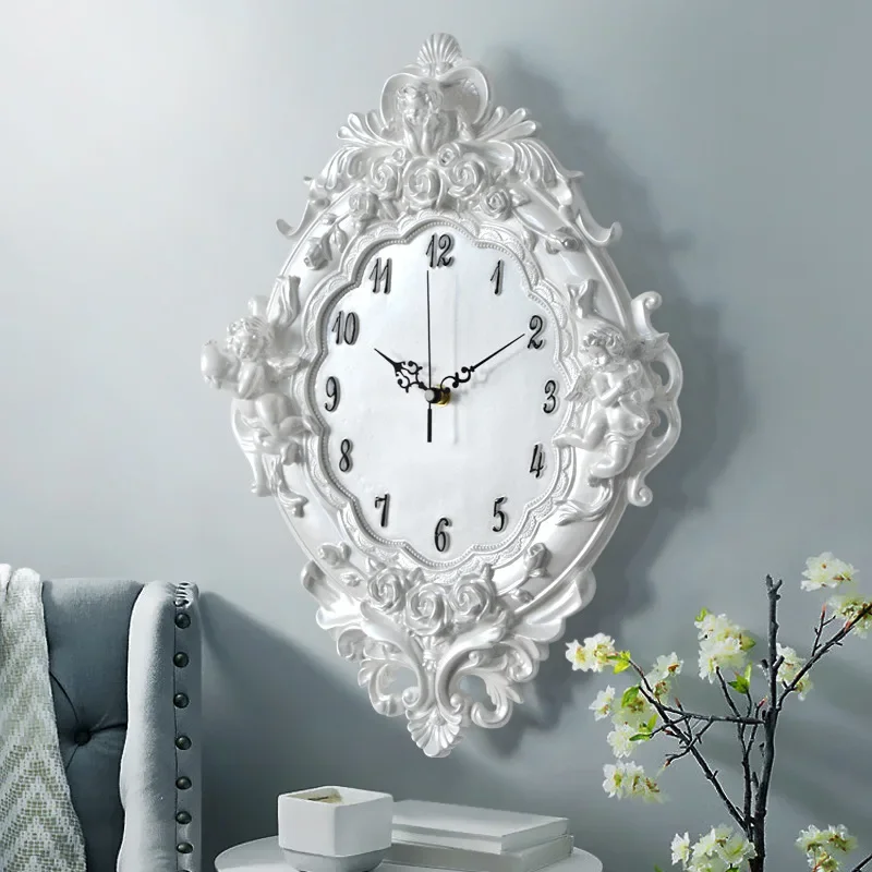 European angel wall clock Resin Rose Flower and watches Classic For style living room bedroom mute Cupid resin angel clock gift