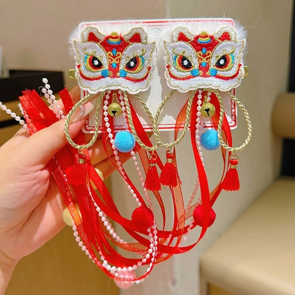 

2pcs Lion Children's Chinese Hairpin Ball Flower Embroidered Bow Headwear Tang Suit Golden Lock New Year Ribbon Barrettes