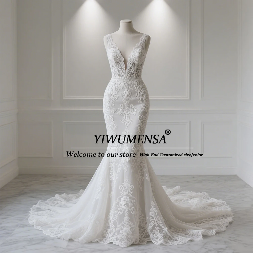 

Elegant Lace Appliques Mermaid Long Wedding Dresses For Bride Customized V Neck Sleeveless Bridal Gowns Plus Size Robe De Mariee