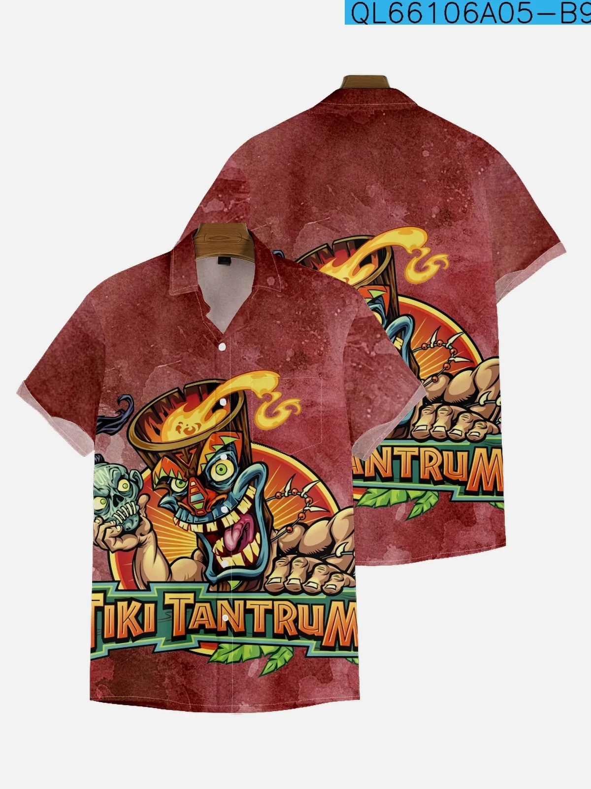 

Tiki Tantrum 3D принт забавная графическая футболка Гавайский отдых пляжная рубашка с короткими рукавами и лацканами оверсайз Y2k 2025 модная мужская рубашка