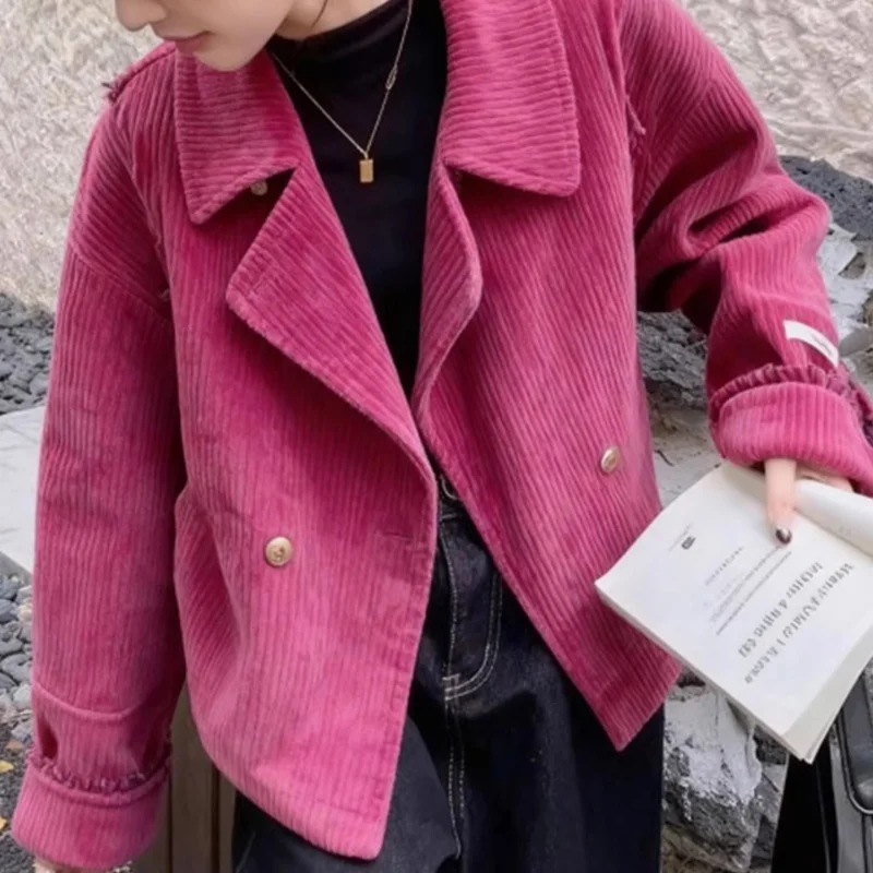 Trendy Corduroy Cropped Jacket - 2026 New Korean Fashion Coat in Pink | Spring Autumn Casual Wear & Must-Have Short Top w2419
