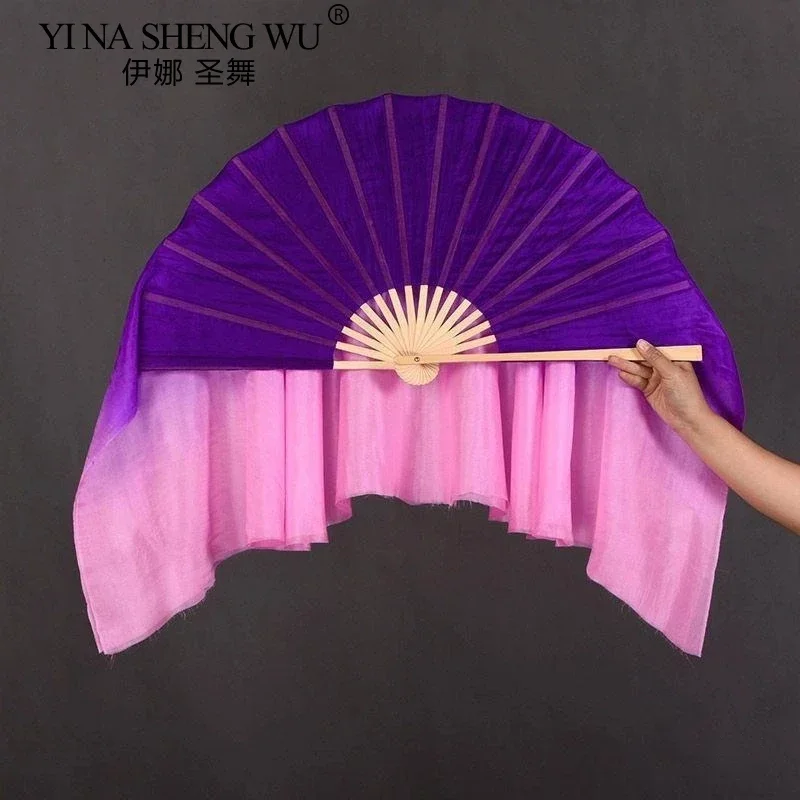 Éventails de danse du ventre Double face, violet rose dégradé de couleurs, accessoires de danse de Performance classique pour danseurs, éventail en soie véritable, 1 pièce