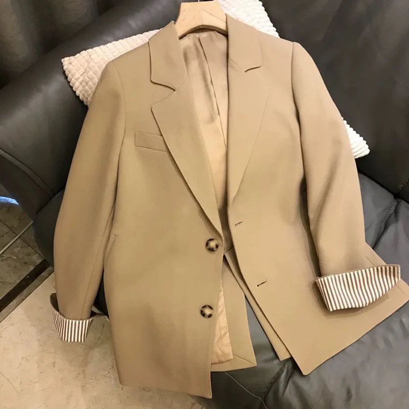 Fashion Striped Cuffs Women's Suit Jacket Loose Back Split Notched Lapel Blazer Elegant Ladies Office Long Sleeve Suit Outerwear