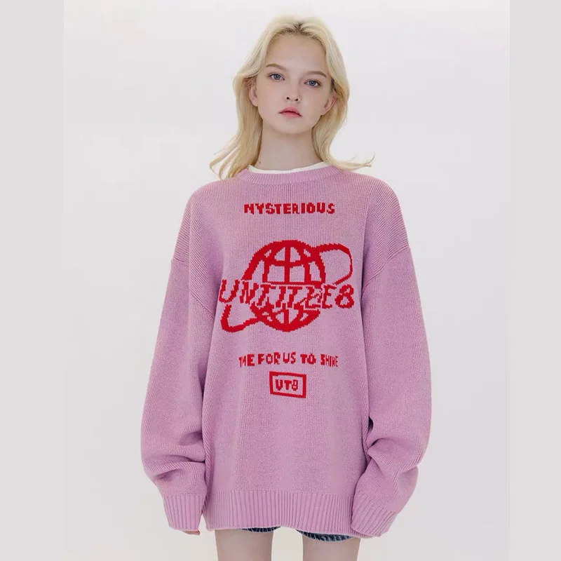 2024 New Women Casual Knit Sweater Cute Earth Pattern Street Fashion BF Pullover Sweater Cartoon Loose Round Collar Sweater