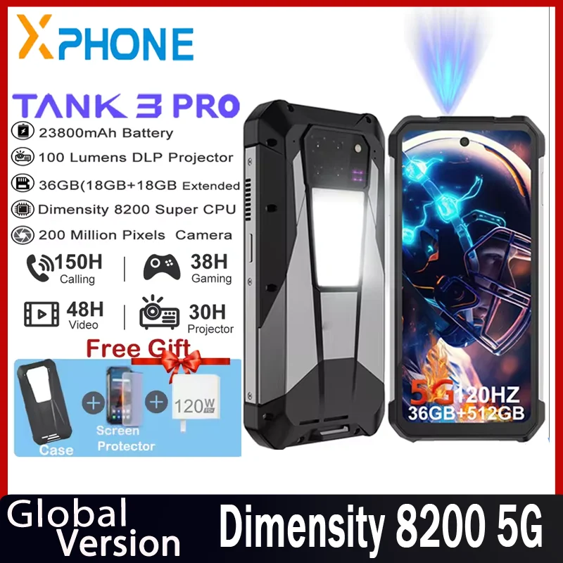 Прочные смартфоны Unihertz Tank 3 Pro 8849 с поддержкой 5G, проектором на 100 люмен, 32/36 ГБ ОЗУ, 512 ГБ памяти, батареей 23800 мАч, водонепроницаемые, с камерой 200 МП