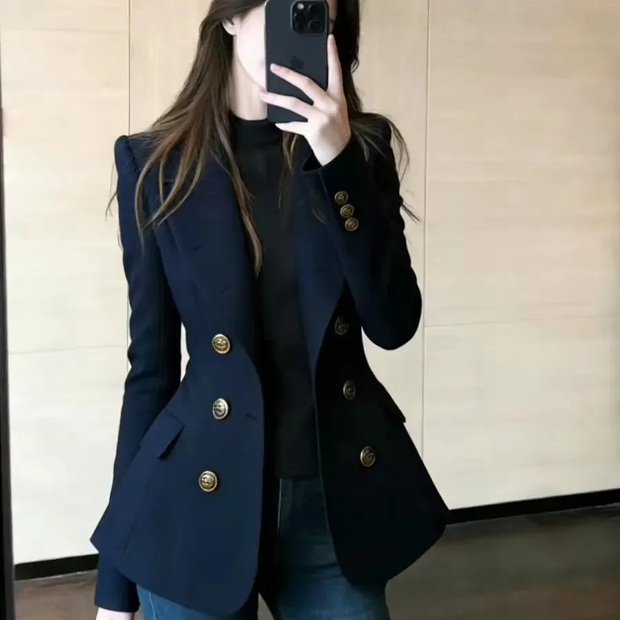 French High-grade Navy Blue Double-Breasted Blazer Jacket Outwear Women's 2026 Spring New Fashion Loose Commuter Suit Jacket Top