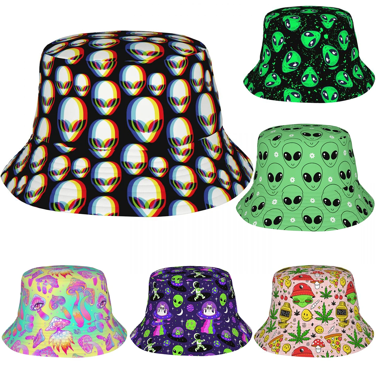 Hip Hop Psychedelic 3d Alien Fashion Bucket Hat Men Women Fishing Hats Trippy Aliens Merch Vocation Getaway Headwear Aesthetic