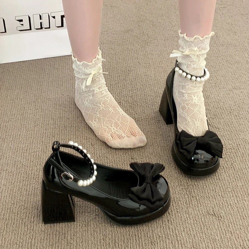 Patent Leather Platform Women Mary Jane Shoes Bow Pearl Ankle Strap Chunky Heel Shoes Comfort Wedding Daily Party Dress Footwear view 6