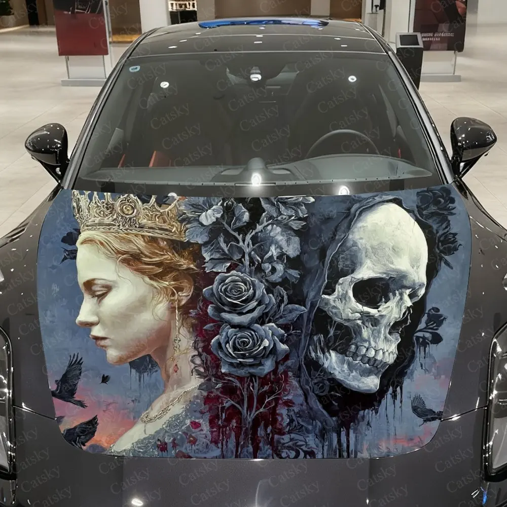 Rose And Skeleton Couple Car Hood Decorative Stickers. It Enhances The Aesthetic Of The Vehicle And Can Be Easily Applied To Met