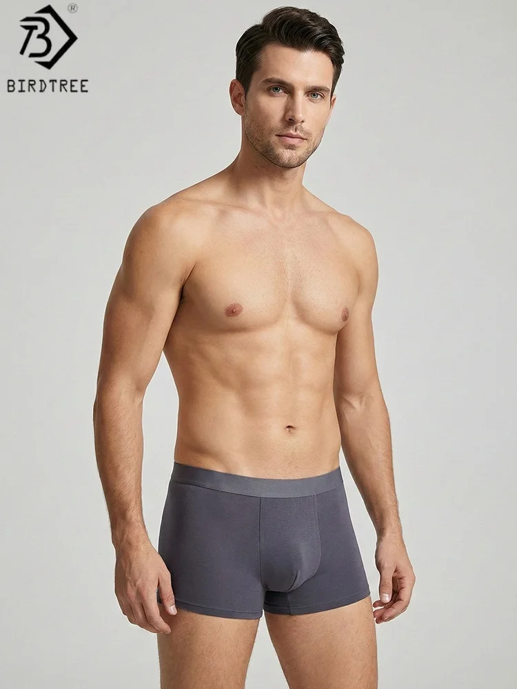 Birdtree, 2PCS 90% Silk 10% Spandex Underwear, Men's Mid Waist Solid Comfortable Traceless Boxer, 2026 Spring Shorts A63213JF