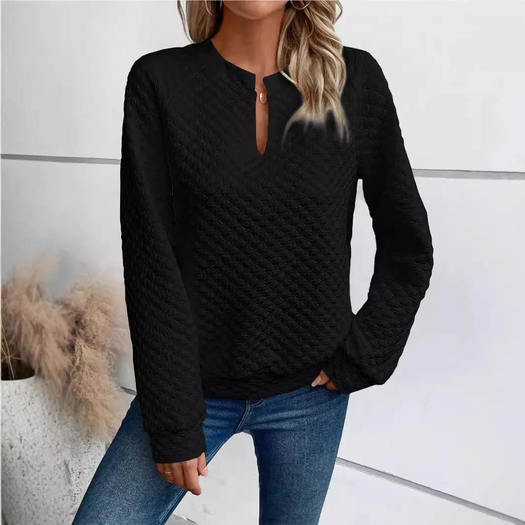 New 2025 Women's Long-sleeved Sweatshirt V-neck Black Fashion Casual Pink White Pullover for Female