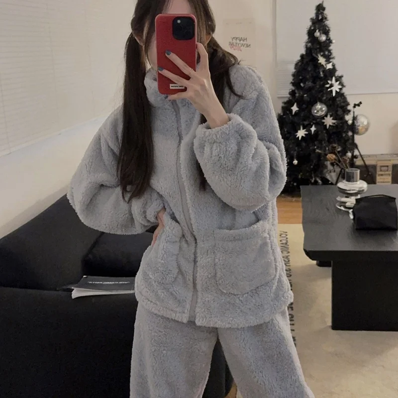

Thickened High Collar Coral Fleece Sleepwear Women's Casual Zipper Home Clothes Set Warmth Maintaining Long Sleeve Pyjamas