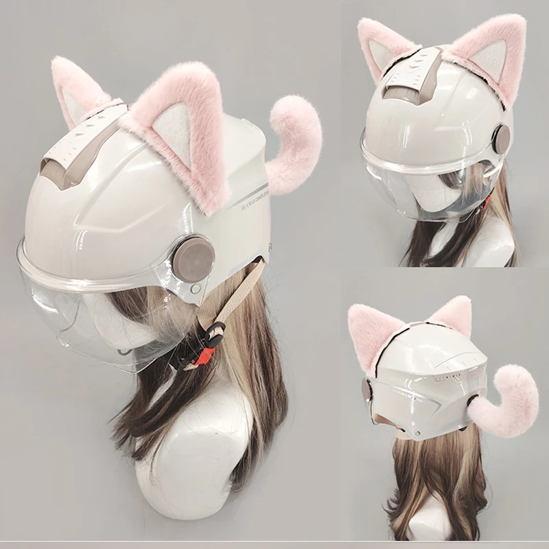 

Helmet Cat's Ears Decors for Grils Woman Motorcycle Helmet Decoration Paste Plush Cat Ear Tail Ski Helmet Accessories