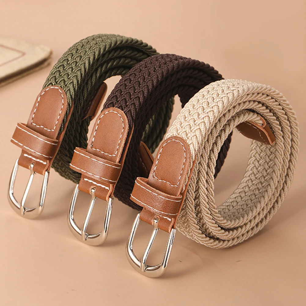 High Quality Women Men Knitted Silver Pin Buckle Belt Woven Canvas Elastic Braided Stretch Belts Solid Color Plain Webbing Strap