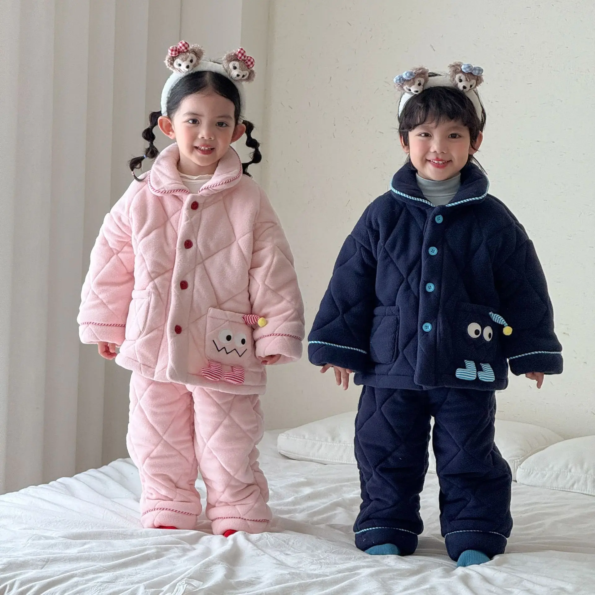 2026 Winter New Children Plus Velvet Thick Home Clothes Set Boys Girls Tops + Pants 2pcs Suit Kids Warm Pajamas Outfits