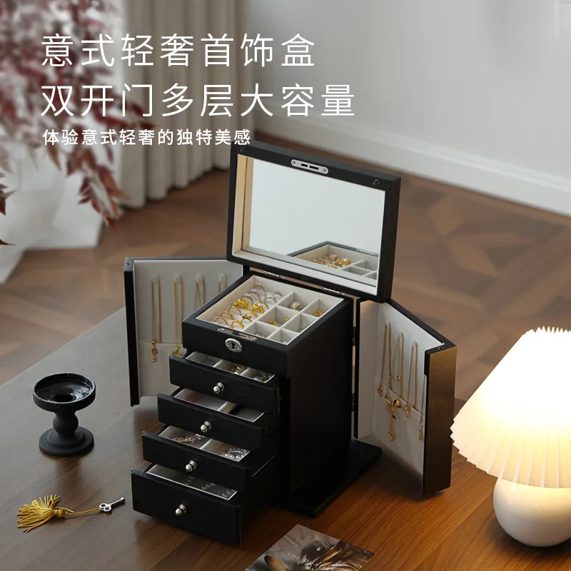 صندوق تخزين المجوهرات، سعة كبيرة، درج متعدد الطبقات، قلادة ذهبية عالية الجودة، صندوق مجوهرات من الخشب الصلب