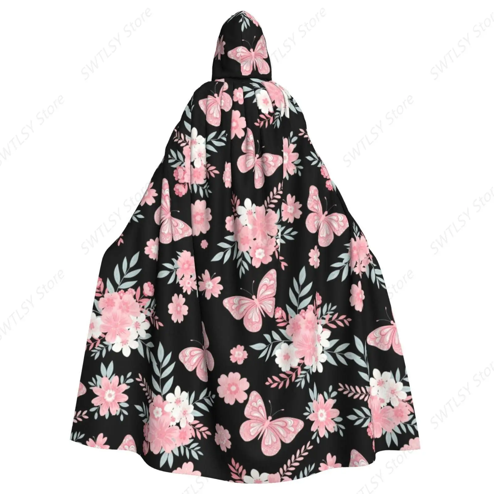 Women Men Hooded Cloak Cape for Halloween Christmas Cosplay Costumes Compatible with Pink Flower Butterfly