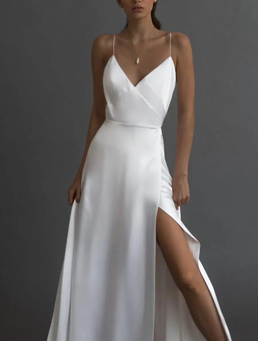 2023 White Avondjurken Sexy Hoge Dij Split Spaghetti Strap Applicaties Illusion Top Een Lijn Goedkope Lange Wedding Bruidsjurken