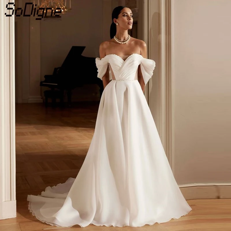 

SoDigne A-line Organza Wedding Dresses Off Shoulder Sleeveless Bridal Dress Lace Up Long Elegant Bride Gown vestidos de novia ﻿