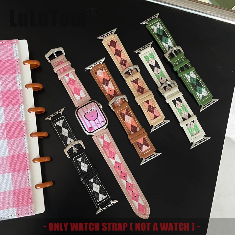 Leather Strap For Apple Watch UItra 2 9 8 7 6 5 4 SE Band Fashion iWatch Series 41 42 40 38 49 45 44 mm Diamond Pattern Bracelet