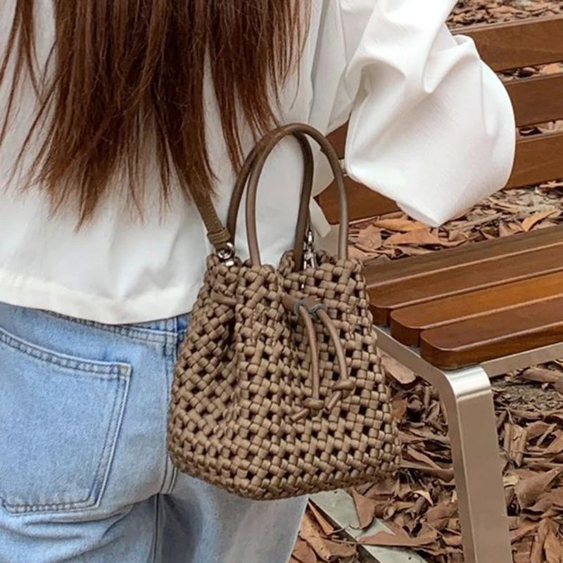 Fashion Women Woven Basket Tote New Drawstring Luxury Design Neoprene High Quality Handbags Simple Vintage Crossbody Bags Female