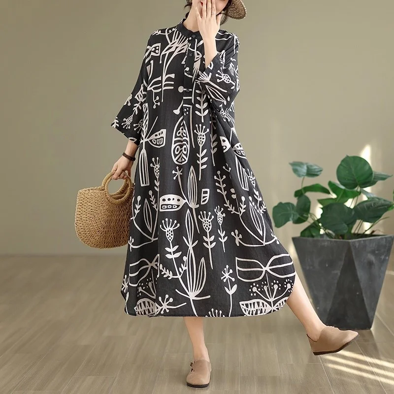Otoño nuevo estilo artístico Retro algodón y cáñamo impreso cuello alto suelto Extra grande vestido de vacaciones W371