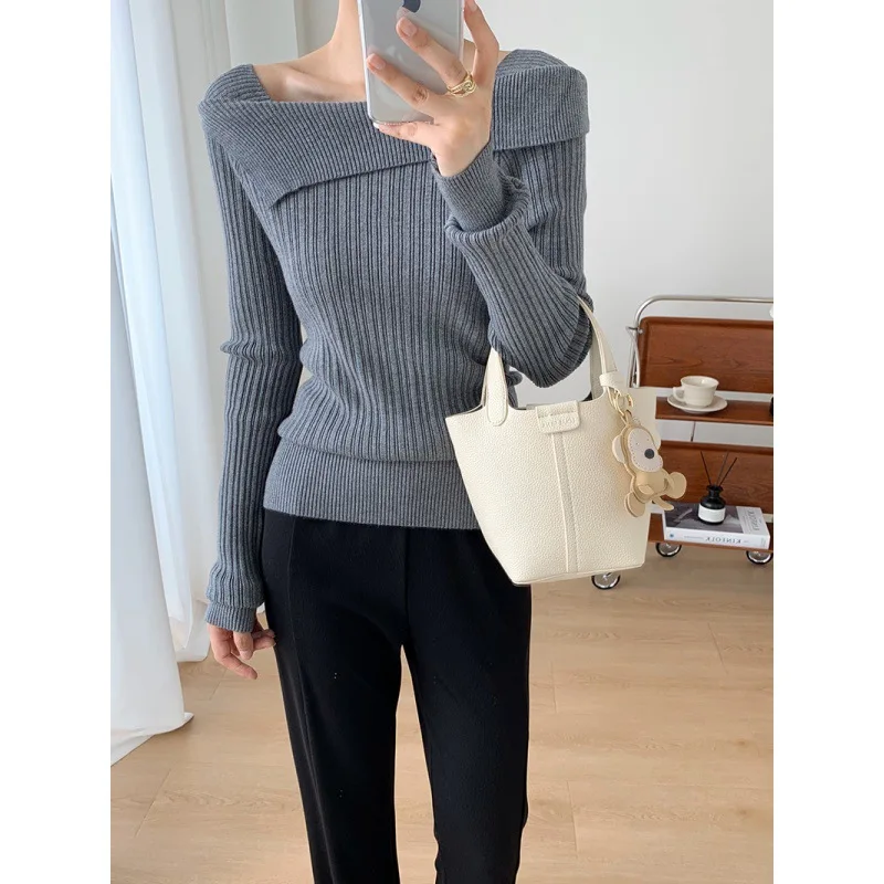 Korean Knitted Pullover Women Lapel Off Shoulder Slim Long Sleeve Sweater Y2k Clothes