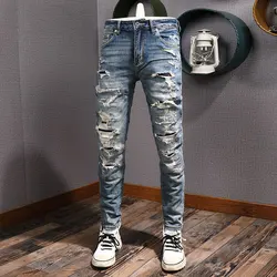 Street Fashion Men Jeans Retro Blue Stretch Slim Fit Hole Ripped Jeans Men Patched Designer Hip Hop Vintage Denim Pants Hombre