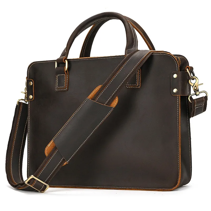 Vintage Echt Lederen Aktetas 14 Inch Laptoptas Eerste Laag Koeienhuid Handtas Schouder Messenger Tas Commuter Business Bag