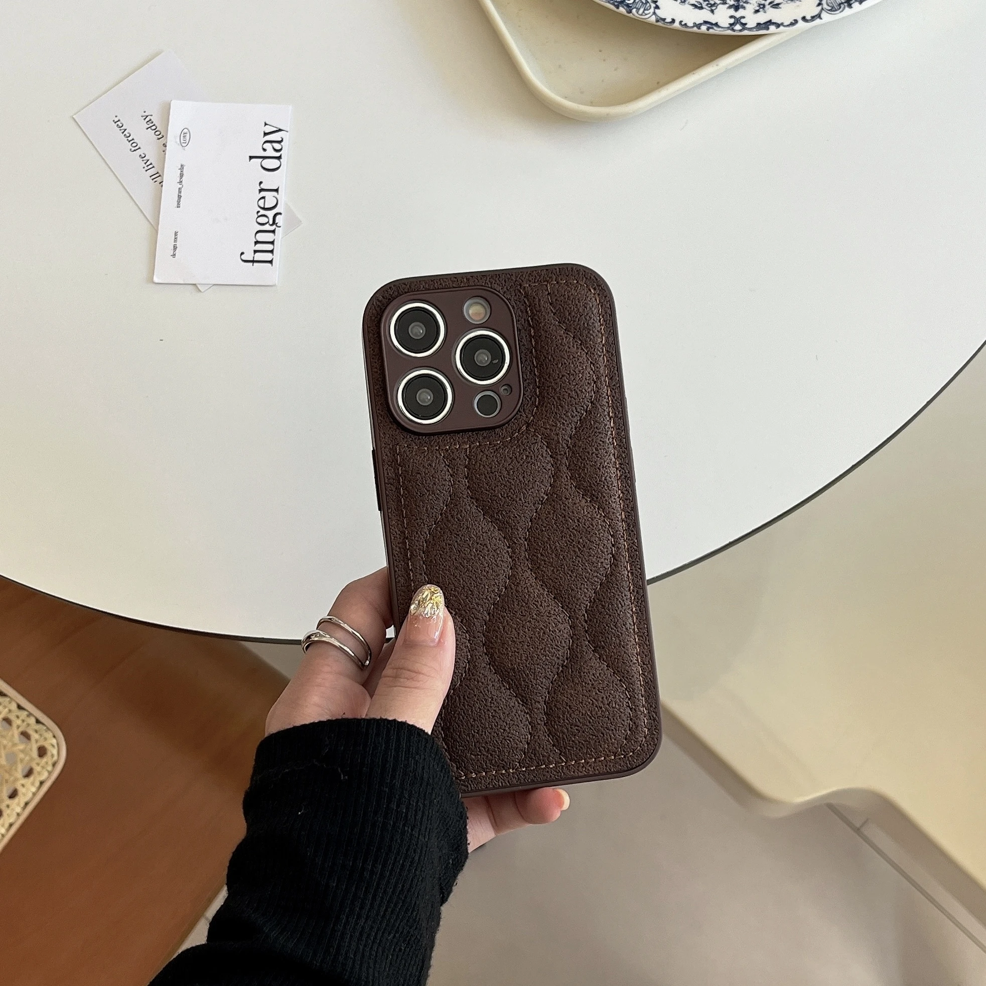 Retro Brown Line Ripple Imitation leather Matte Puffer Case for iPhone 11 12 13 14 15 16 Pro Max Down Jacket Phone Case