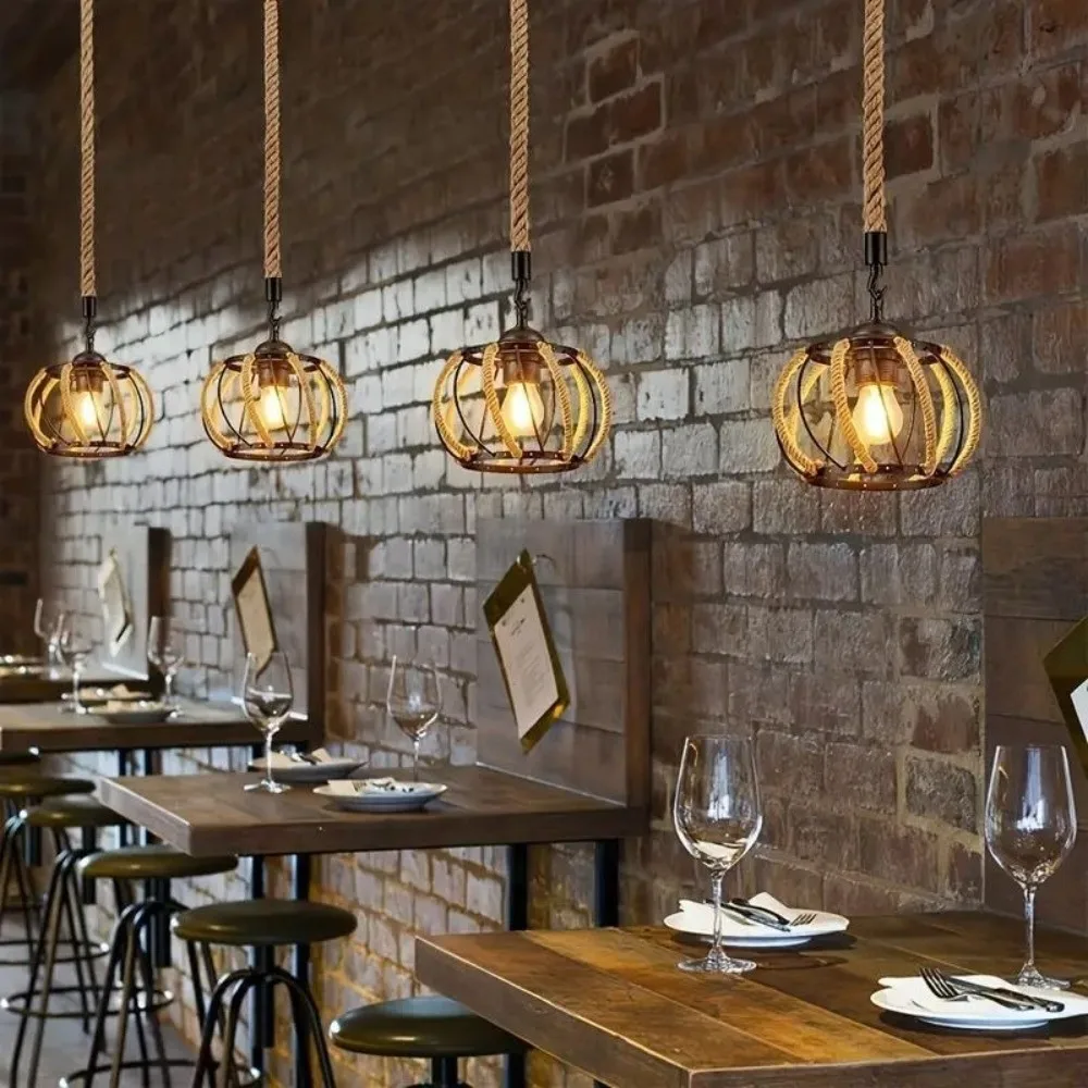 Retro Hemp Rope Pendant Lights Iron Woven Design Woven Hemp Rope Chandelier Industrial Style Cafe Lighting Coffee Shop Bar