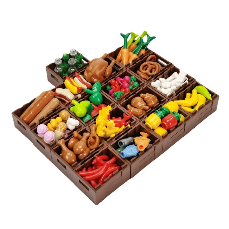 Compatible With LEGO Food Market Display Rack City MOC Building Blocks Bread Chips Roast Chicken Seafood Fruit Basket Bricks Toy