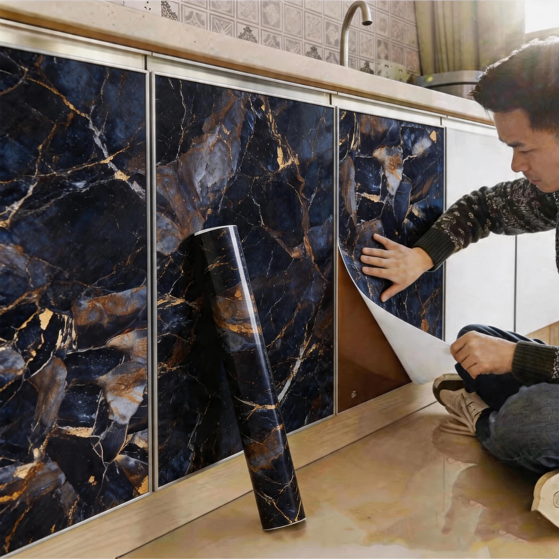 

PVC Mabrle Sticker Self-Adhesive Oil-Proof Wallpaper for Kitchen Countertop Furniture Cabinet Wall Renovation Home Decor