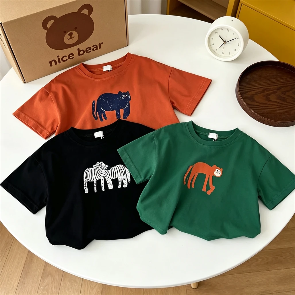 Cartoon Animals Printed T-shirt Summer Lovely Clothing Pure Cotton Round Neck Tops Solid Color Base Shirt Red Green Black T