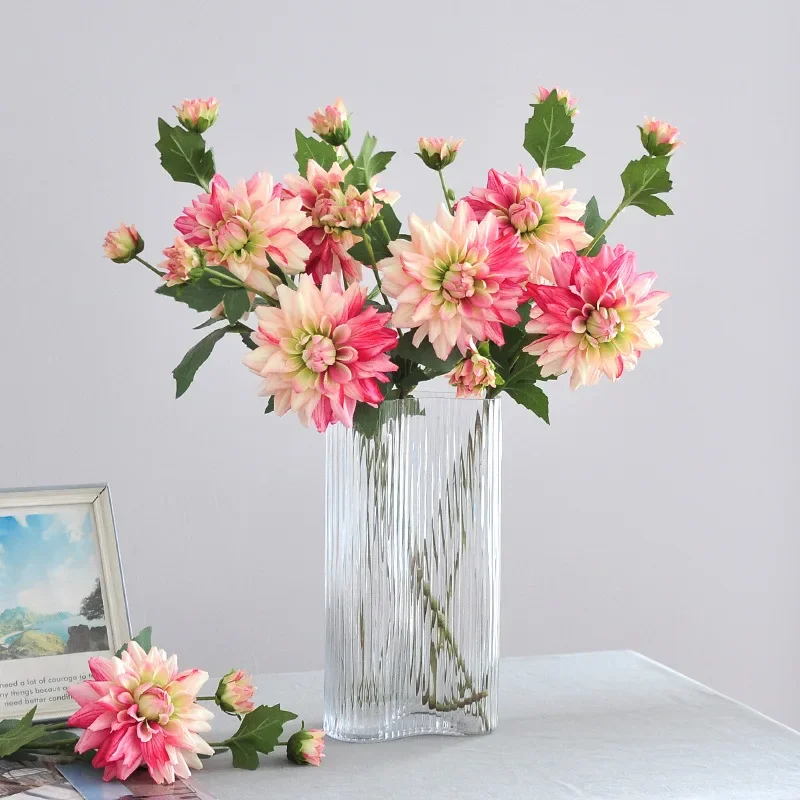 DIA 13CM Artificial Dahlia Photography Props Wedding Decoration Roadguide Single 3 Head Dahlia Home Decoration Silk Flowers