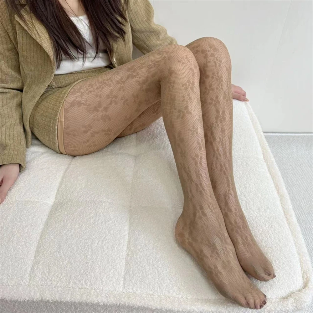 Autumn Winter Fishnet Socks Japanese Retro Jacquard Coffee Color Bottoming Pantyhose Stockings Women's Daily Costume Accessories