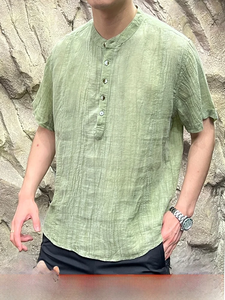 

High-End Flax Men's Summer irt Loose Fit Stand Collar ort Sve Retro Crease Breathable Traditional Chinese Sle