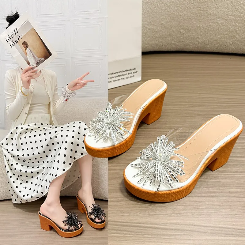 

Womens Tassel Chunky Heel Slide Sandals Open Toe Platform Mules Summer Casual Transparent Strap Non-slip Block Heel Beach Party