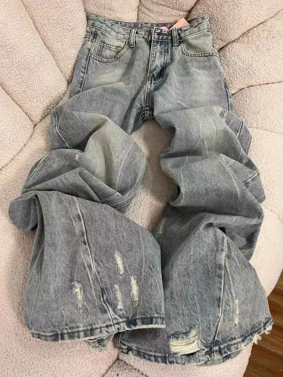 

Washed American Retro Wide Leg Jeans High Waist Loose Straight Cut Denim Pants for Short Women Spring Autumn Casual Style