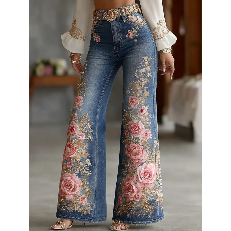 Ethnic Pink Rose Flower Print Imitation Jeans Vintage Chic Button Pocket Denim Pants Woman High Waist Straight Trousers Harajuku