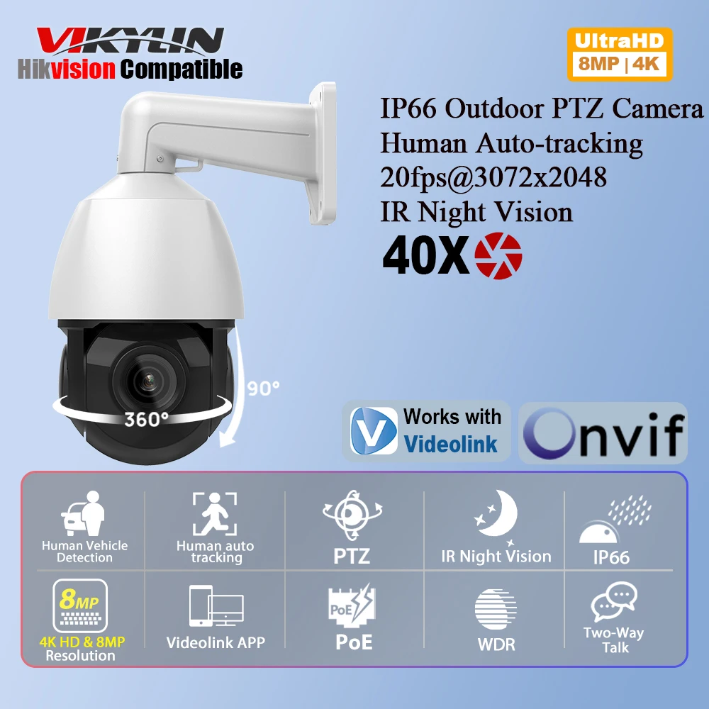 Vikylin 4K 8MP 40X Zoom PTZ IP Camera IR Night Vision Human Tracking Human Vehicle Detection 2-way Audio Video Surveillance CCTV