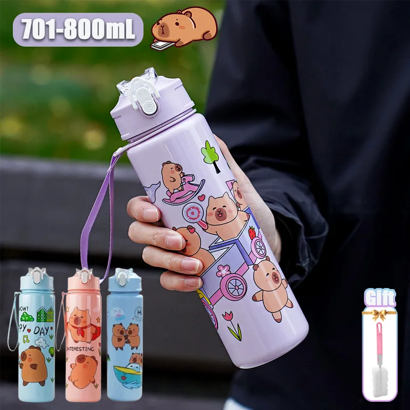 Capybara Leak-Proof Water Bottle Visually Appealing Bear Water Bottle with Carry Strap - Portable for Sports & Fitness BPA Free
