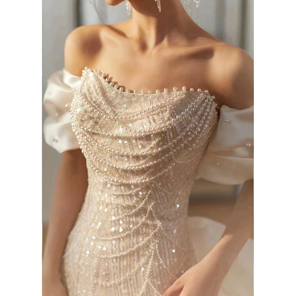 Pearl Fishtail Evening Dresses Off the Shoulder Detachable Bow Train Mermaid Super Soft Delicate Satin Prom Celebrity Gowns