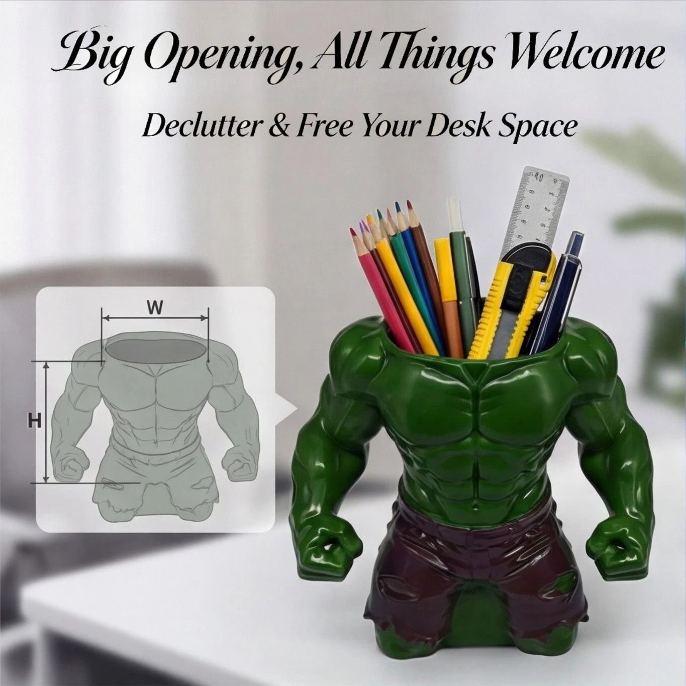 Muscular Hero Shaped Pen Holder, Green Muscle Figurine Desk Organizer, Creative Pencil Cup for Office Supplies