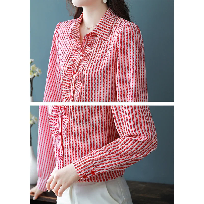 Spring Autumn Women's Clothing Turn-down Collar Patchwork Stringy Selvedge Button Shirts Striped Printing Long Sleeve Blouses