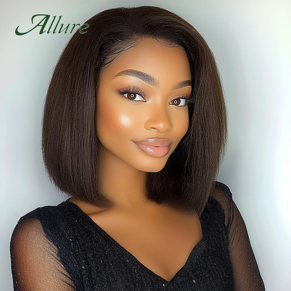 Brazilian Yaki Straight Human Hair Wigs For Black Women 12 inch Dark Brown Colored Hair Wig 180% Density Full Machine Wig Allure