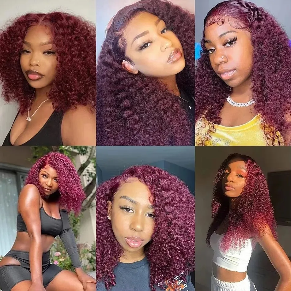 99J Red Colored Deep Curly Wig Human Hair 13x4 Burgundy Lace Front Human Hair Wigs For Women Short Bob Wigs 180% T Lace Wig