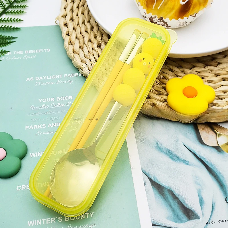 Fun Fruit Jenga Spoon and Chopsticks Two-piece Set 304 Stainless Steel Spoon Alloy Chopsticks Portable Tableware Set