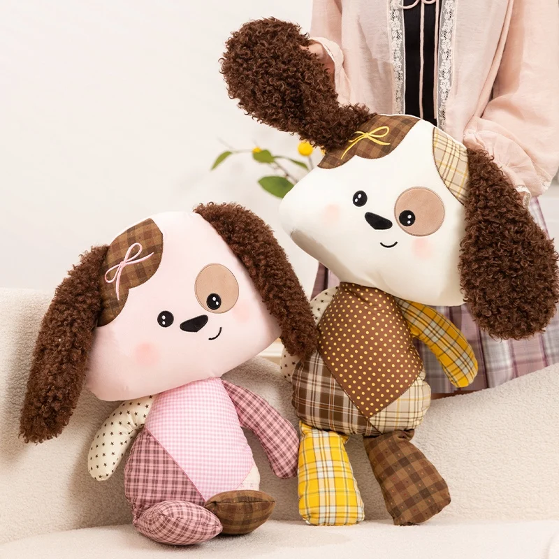 Patchwork Dog Plush Doll Pink Yellow Brown Checkered Styles Curly Fur Ears Ribbon Bow Soft 65cm Sofa Lounge Hugging Companion